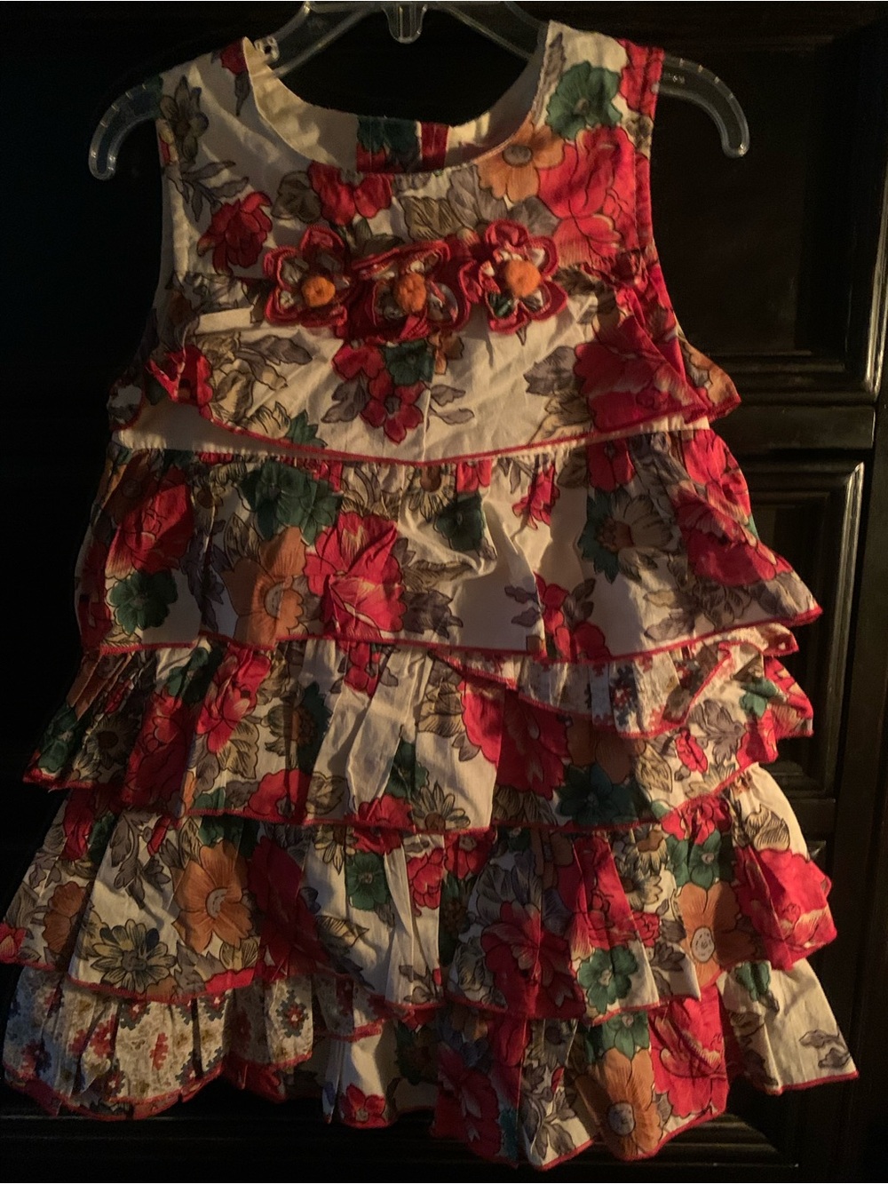 Tiered Floral Ruffle Kids Dress - White with Red, Orange & Green Flowers